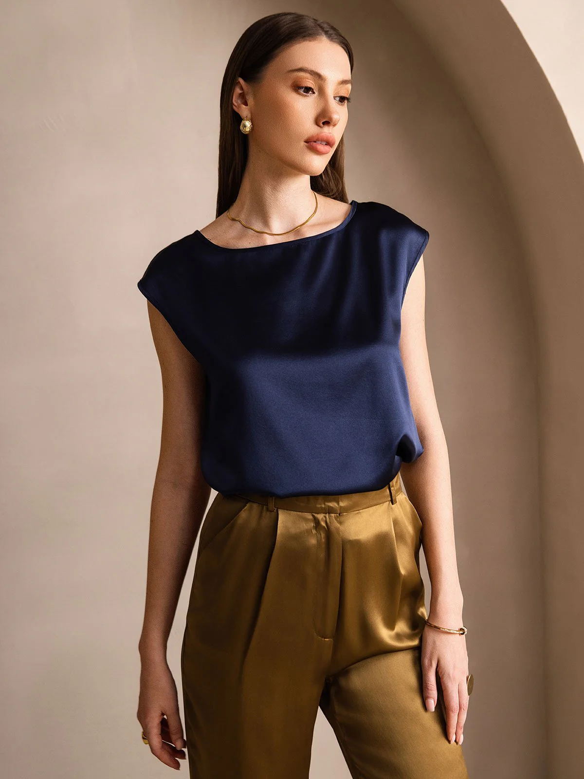 19Momme Women's Silk Cap Sleeve Round Neck Top - Image 27