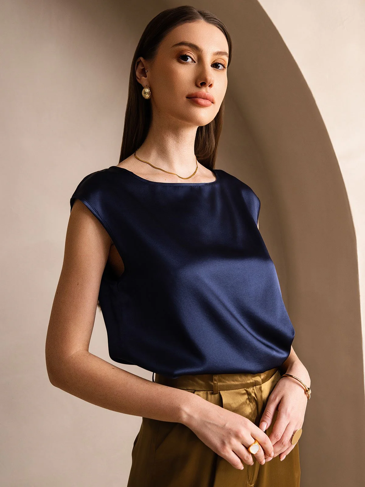 19Momme Women's Silk Cap Sleeve Round Neck Top - Image 29