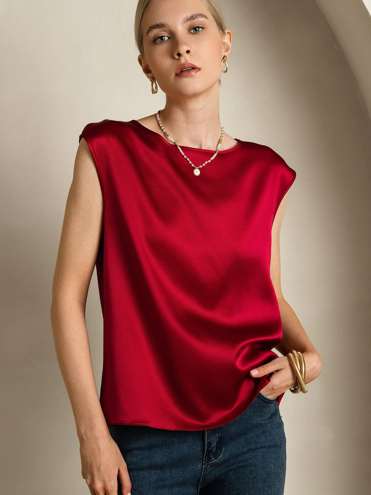 19Momme Women's Silk Cap Sleeve Round Neck Top - Image 3