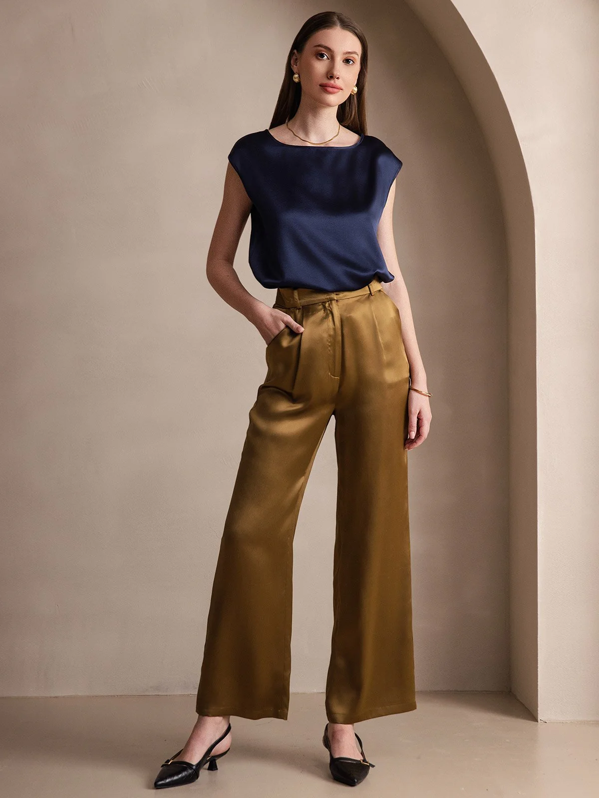 19Momme Women's Silk Cap Sleeve Round Neck Top - Image 32