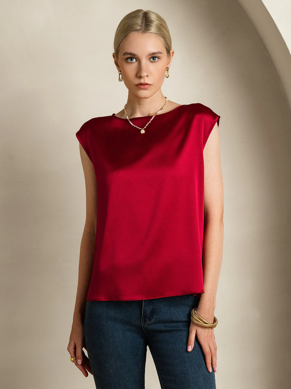 19Momme Women's Silk Cap Sleeve Round Neck Top - Image 4