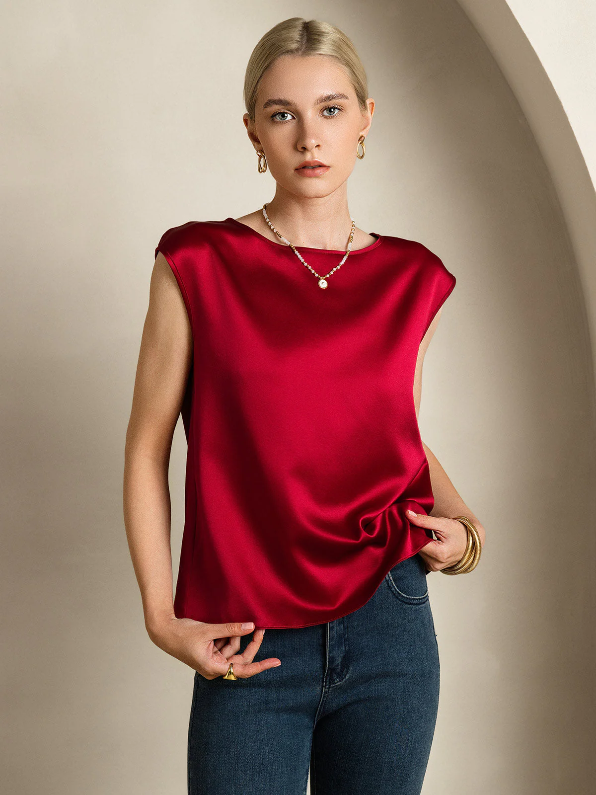 19Momme Women's Silk Cap Sleeve Round Neck Top - Image 5