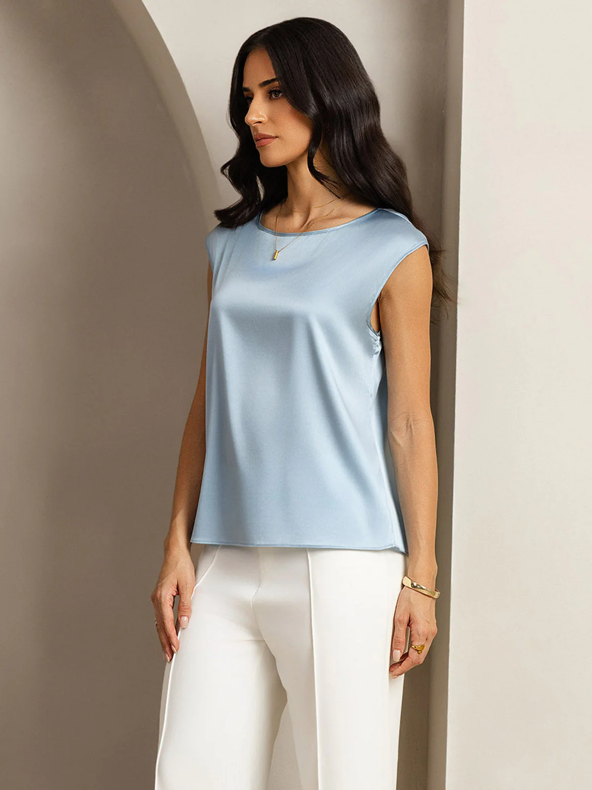 19Momme Women's Silk Cap Sleeve Round Neck Top - Image 51