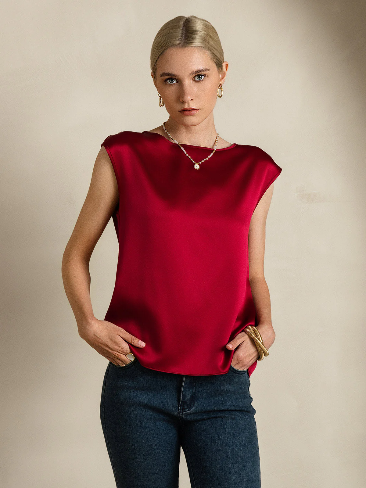 19Momme Women's Silk Cap Sleeve Round Neck Top - Image 6