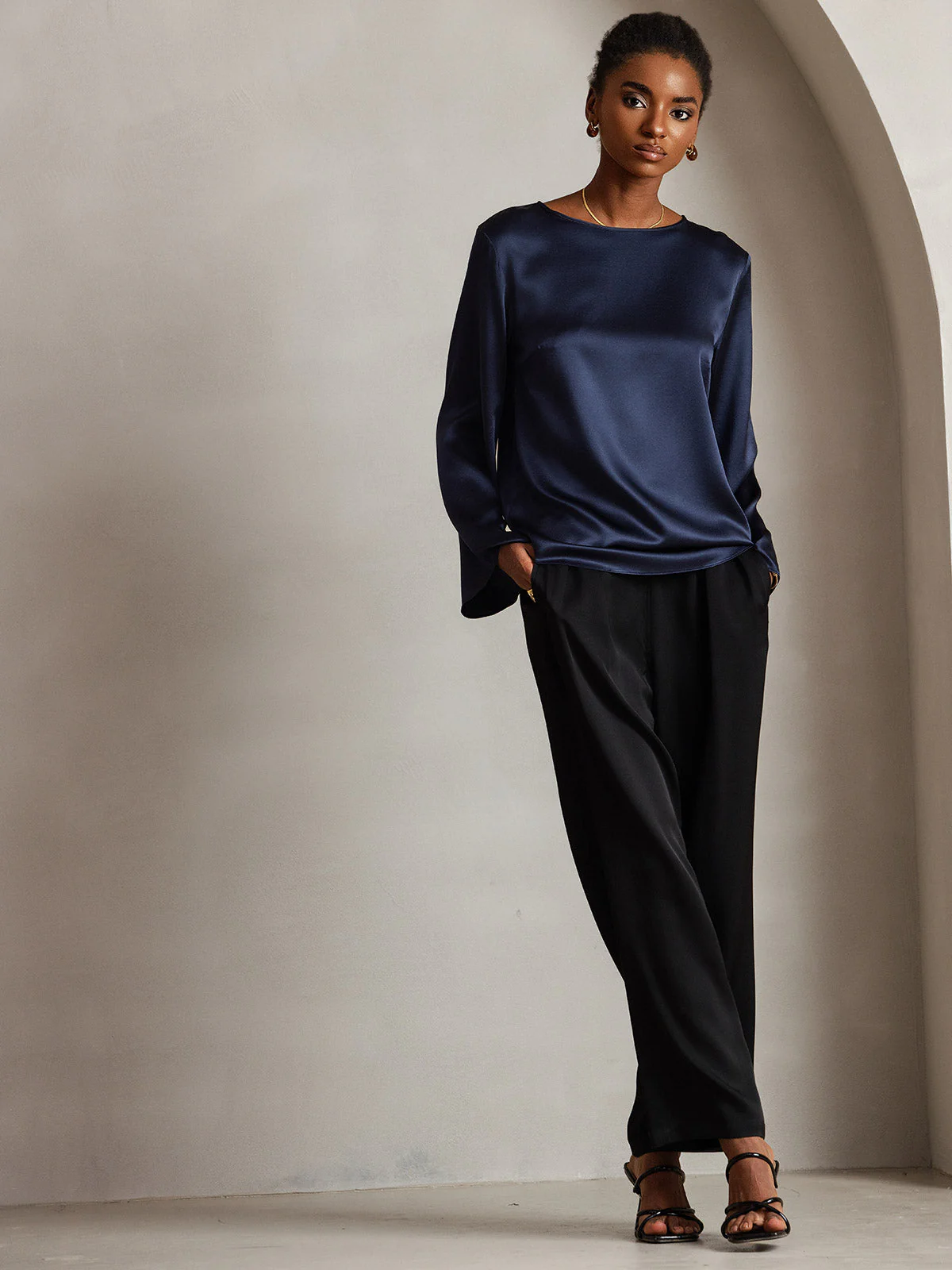 19Momme Silk Bell Sleeve Boat Neck Women's Top - Image 14