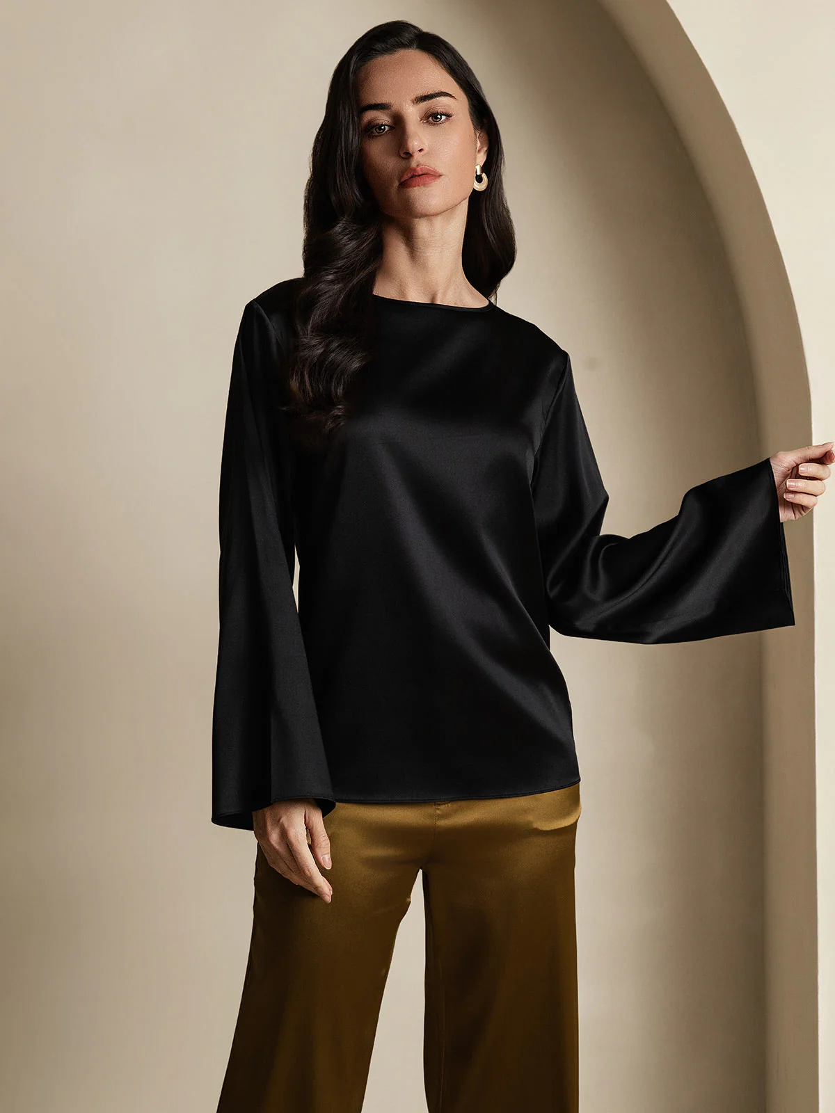 19Momme Silk Bell Sleeve Boat Neck Women's Top - Image 16