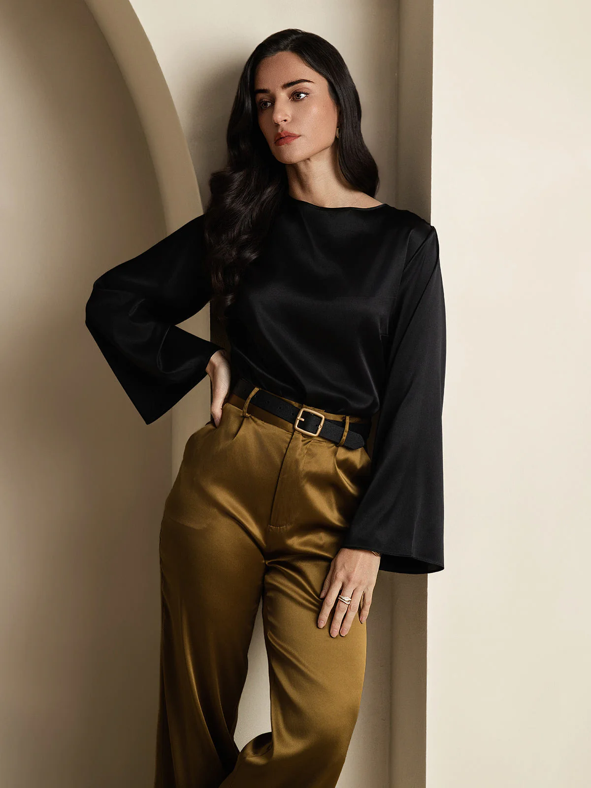 19Momme Silk Bell Sleeve Boat Neck Women's Top - Image 21