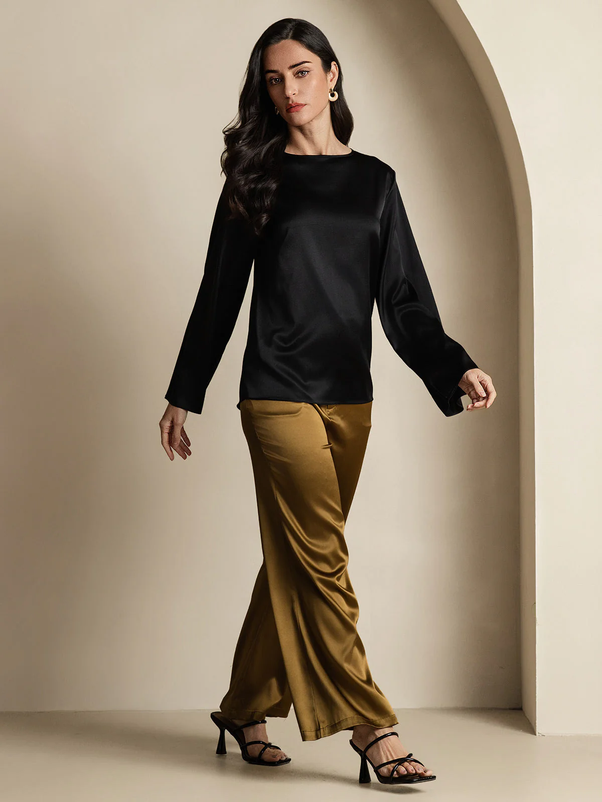 19Momme Silk Bell Sleeve Boat Neck Women's Top - Image 23