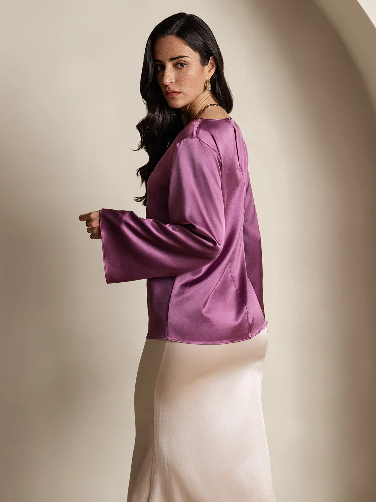 19Momme Silk Bell Sleeve Boat Neck Women's Top - Image 25