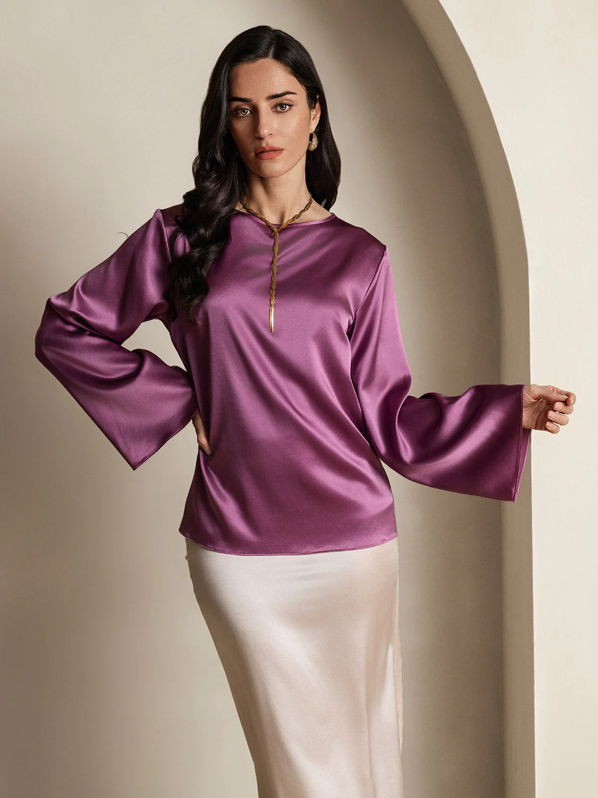 19Momme Silk Bell Sleeve Boat Neck Women's Top - Image 26