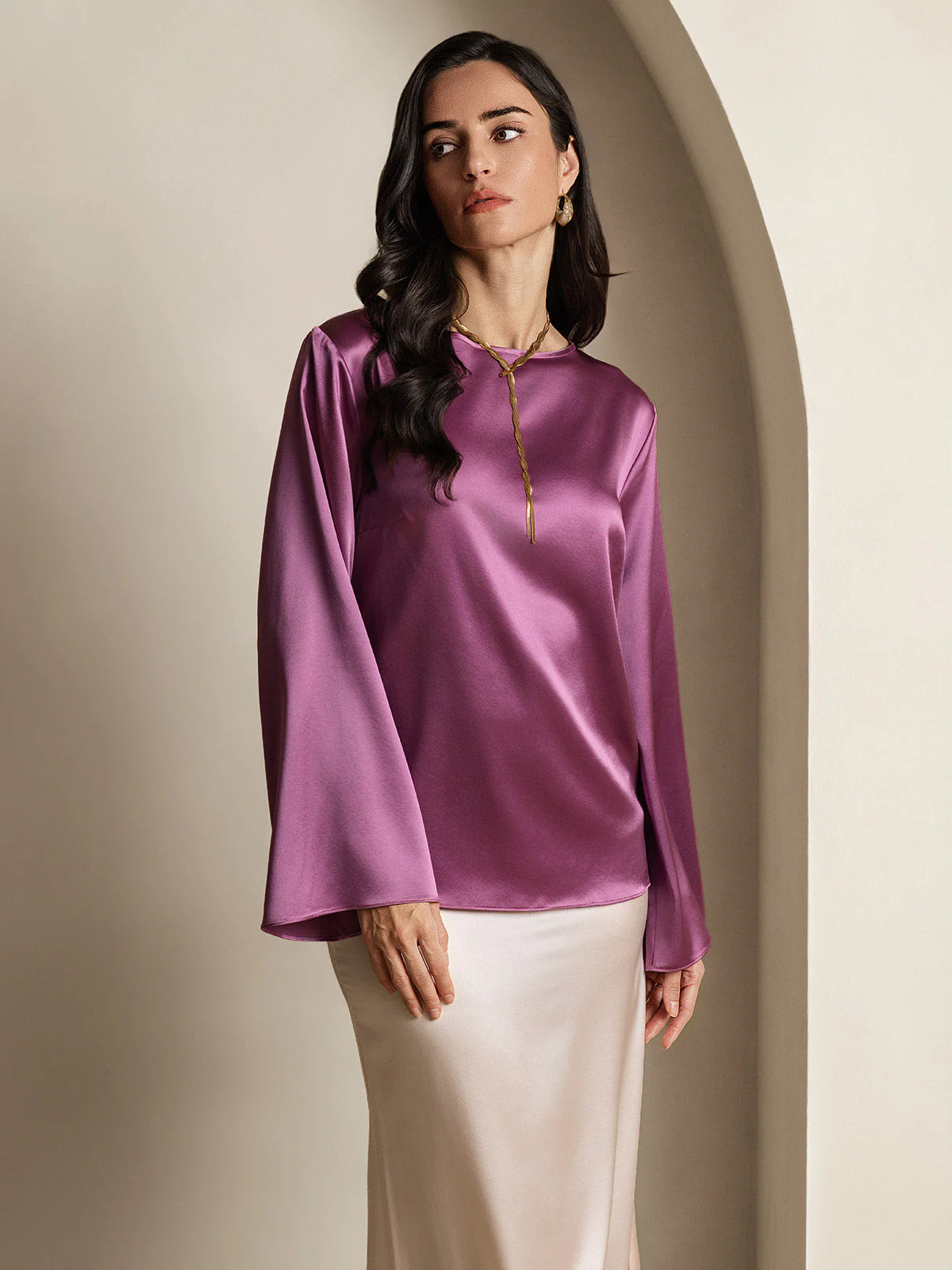 19Momme Silk Bell Sleeve Boat Neck Women's Top - Image 28