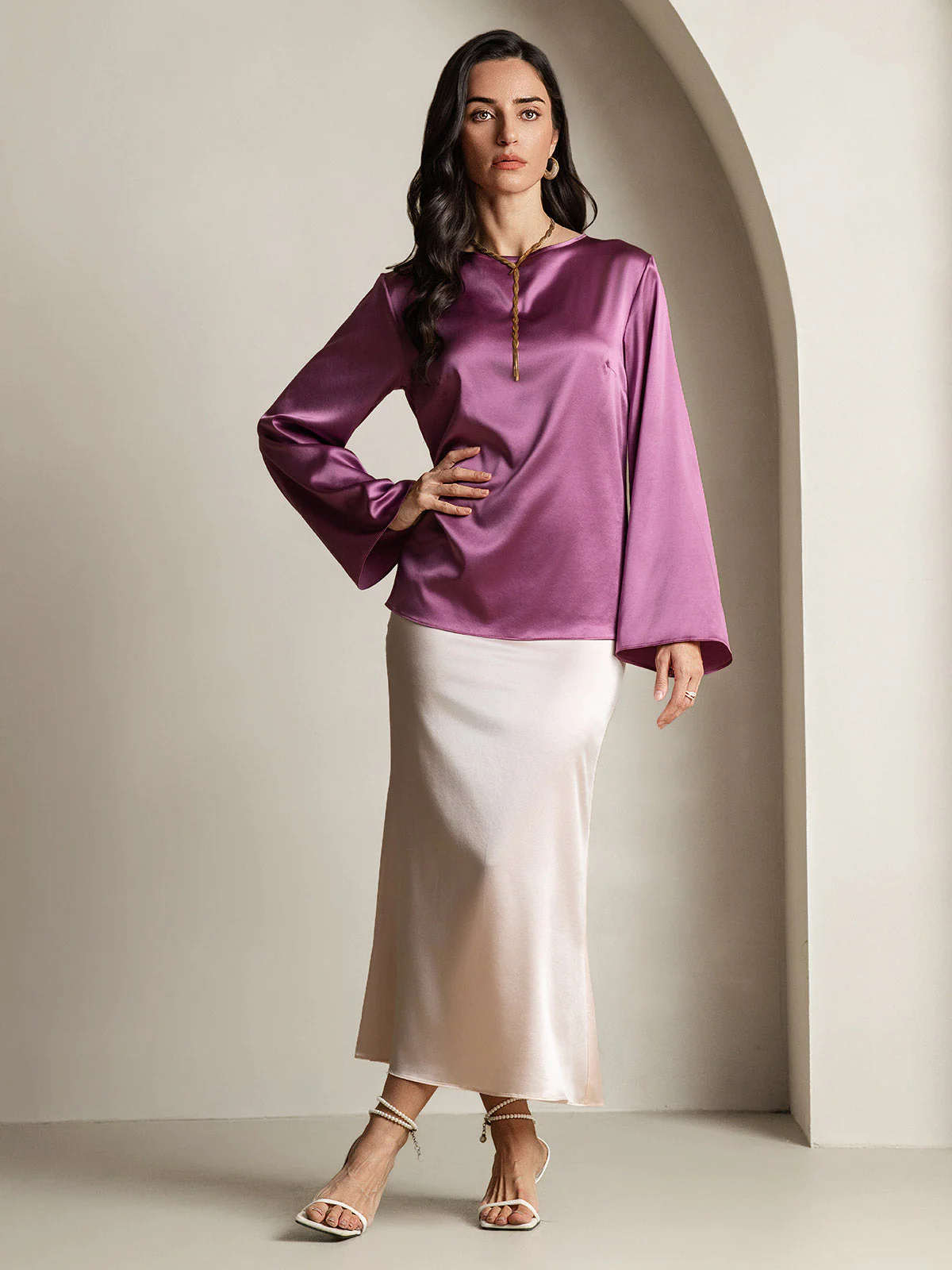 19Momme Silk Bell Sleeve Boat Neck Women's Top - Image 29