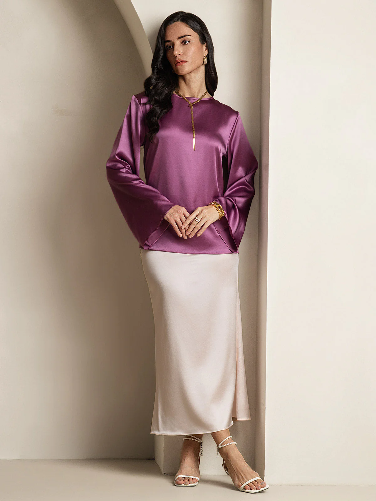 19Momme Silk Bell Sleeve Boat Neck Women's Top - Image 30