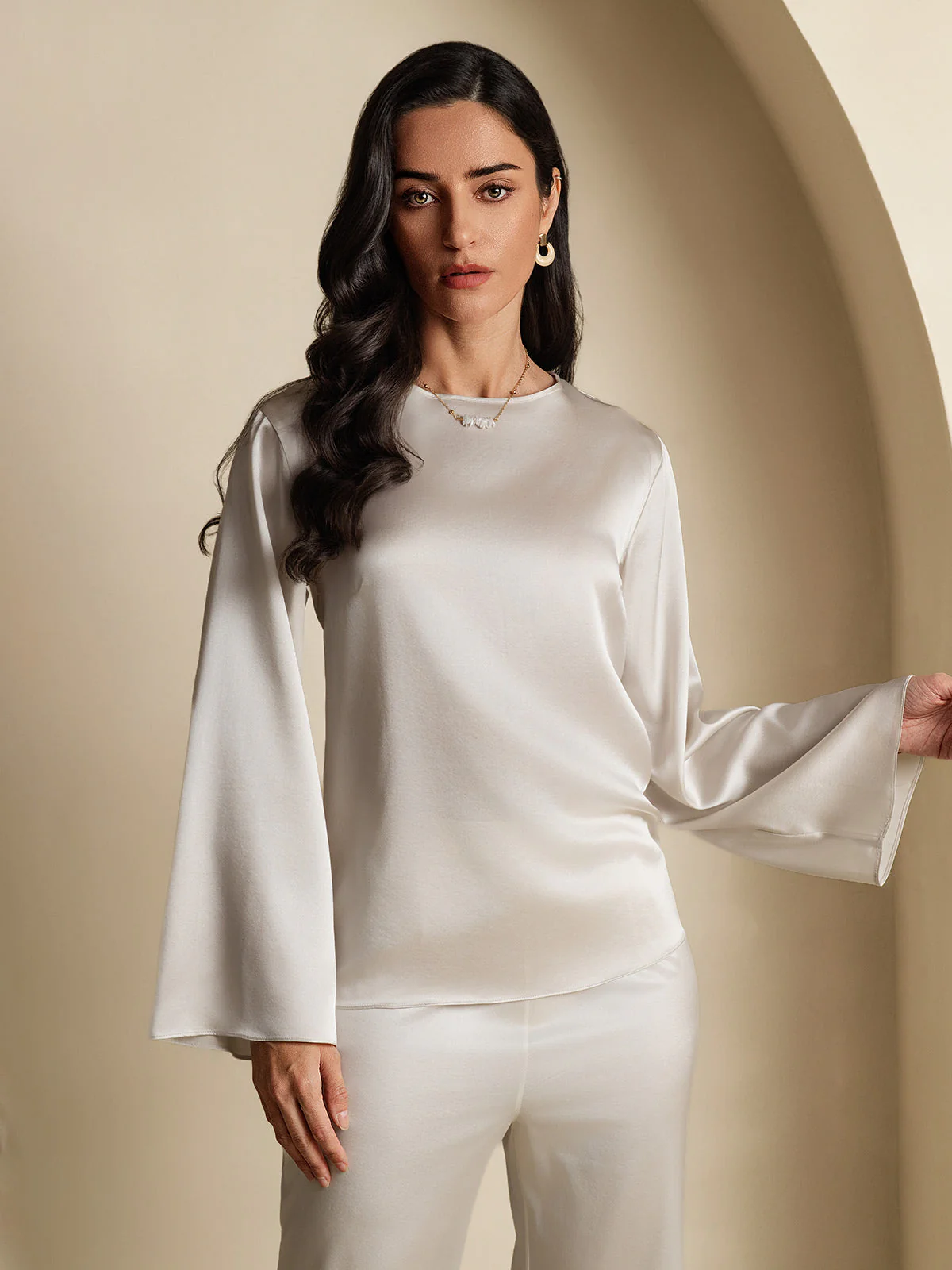 19Momme Silk Bell Sleeve Boat Neck Women's Top - Image 32