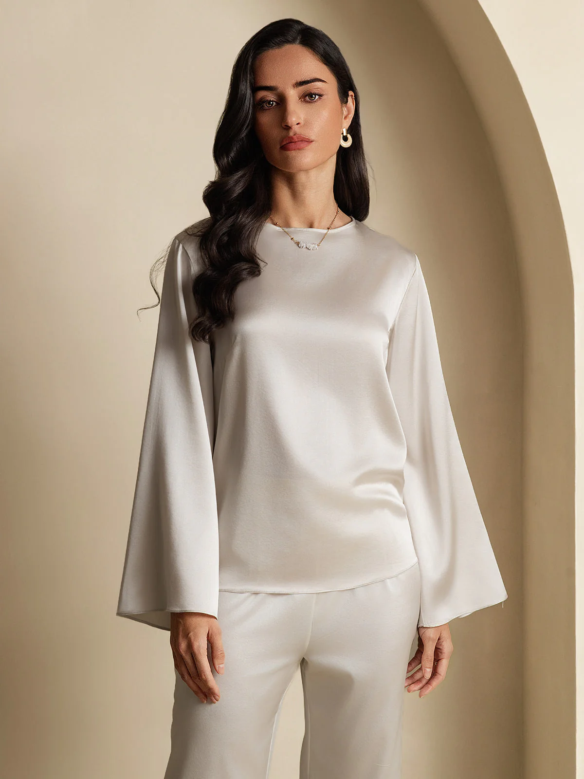 19Momme Silk Bell Sleeve Boat Neck Women's Top - Image 34