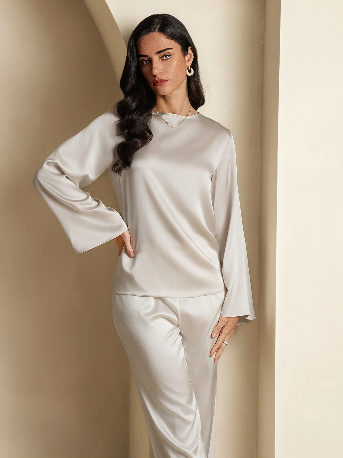 19Momme Silk Bell Sleeve Boat Neck Women's Top - Image 35