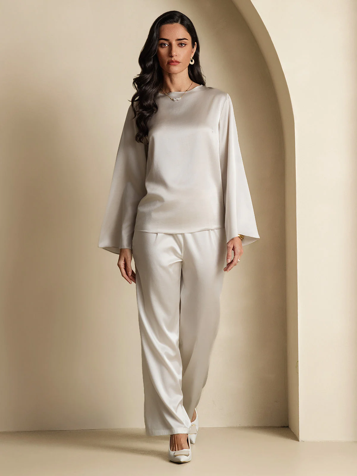 19Momme Silk Bell Sleeve Boat Neck Women's Top - Image 37
