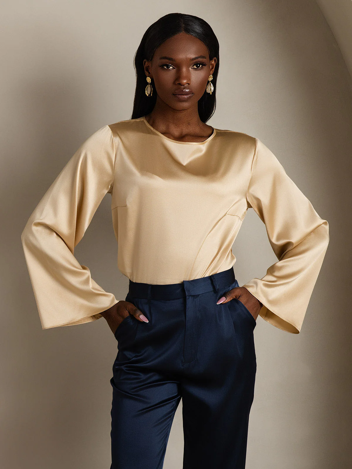 19Momme Silk Bell Sleeve Boat Neck Women's Top - Image 41