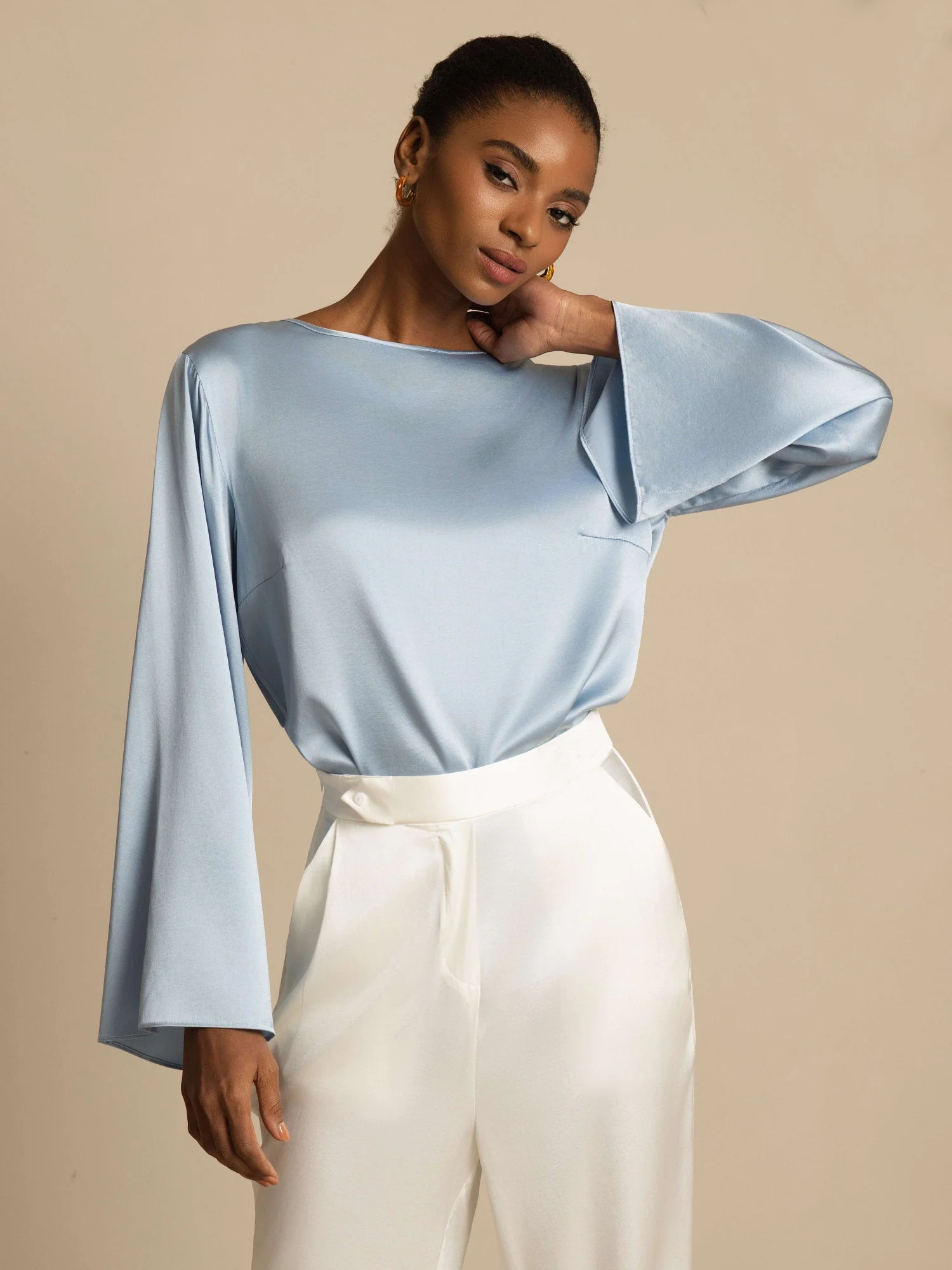 19Momme Silk Bell Sleeve Boat Neck Women's Top - Image 45