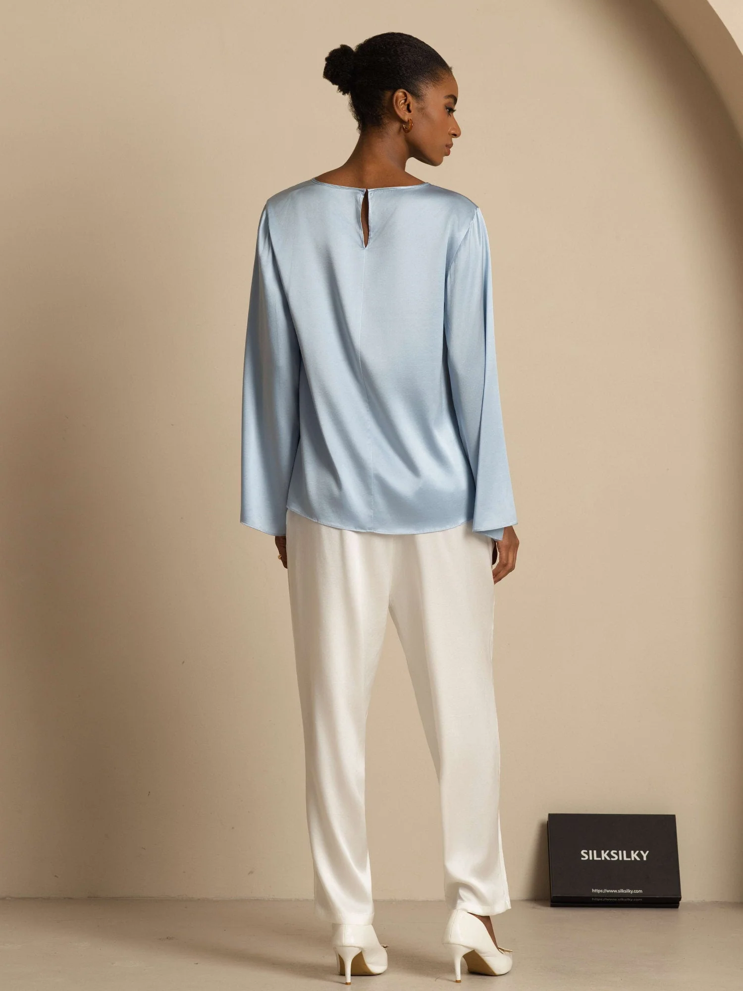 19Momme Silk Bell Sleeve Boat Neck Women's Top - Image 46