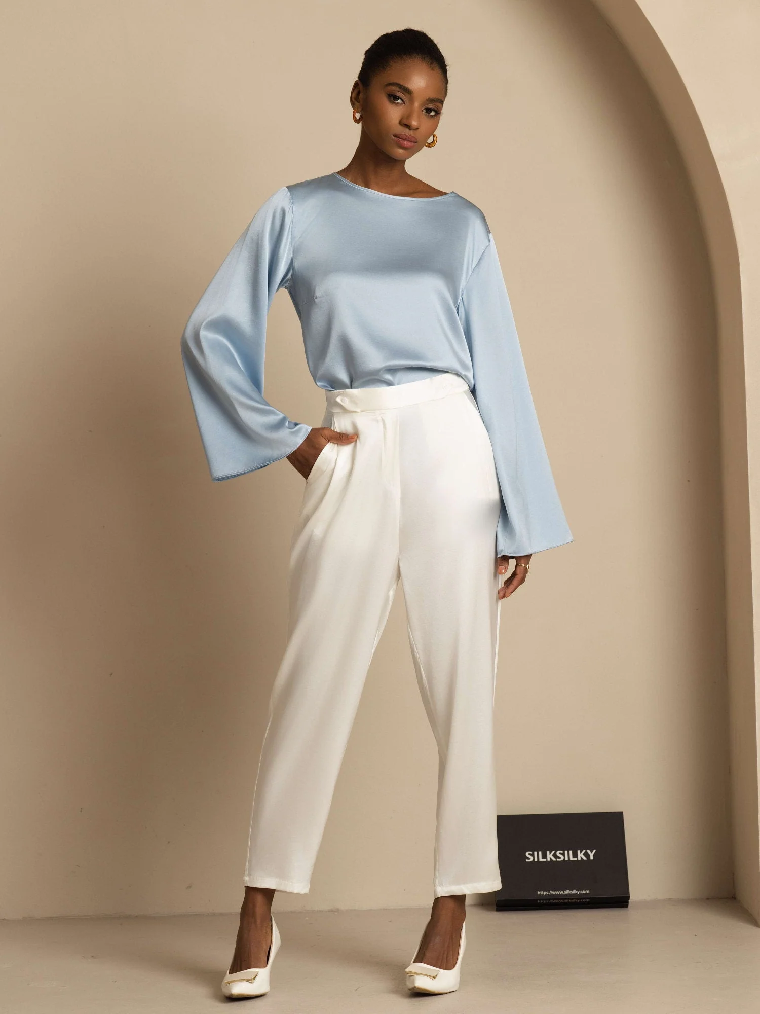 19Momme Silk Bell Sleeve Boat Neck Women's Top - Image 49