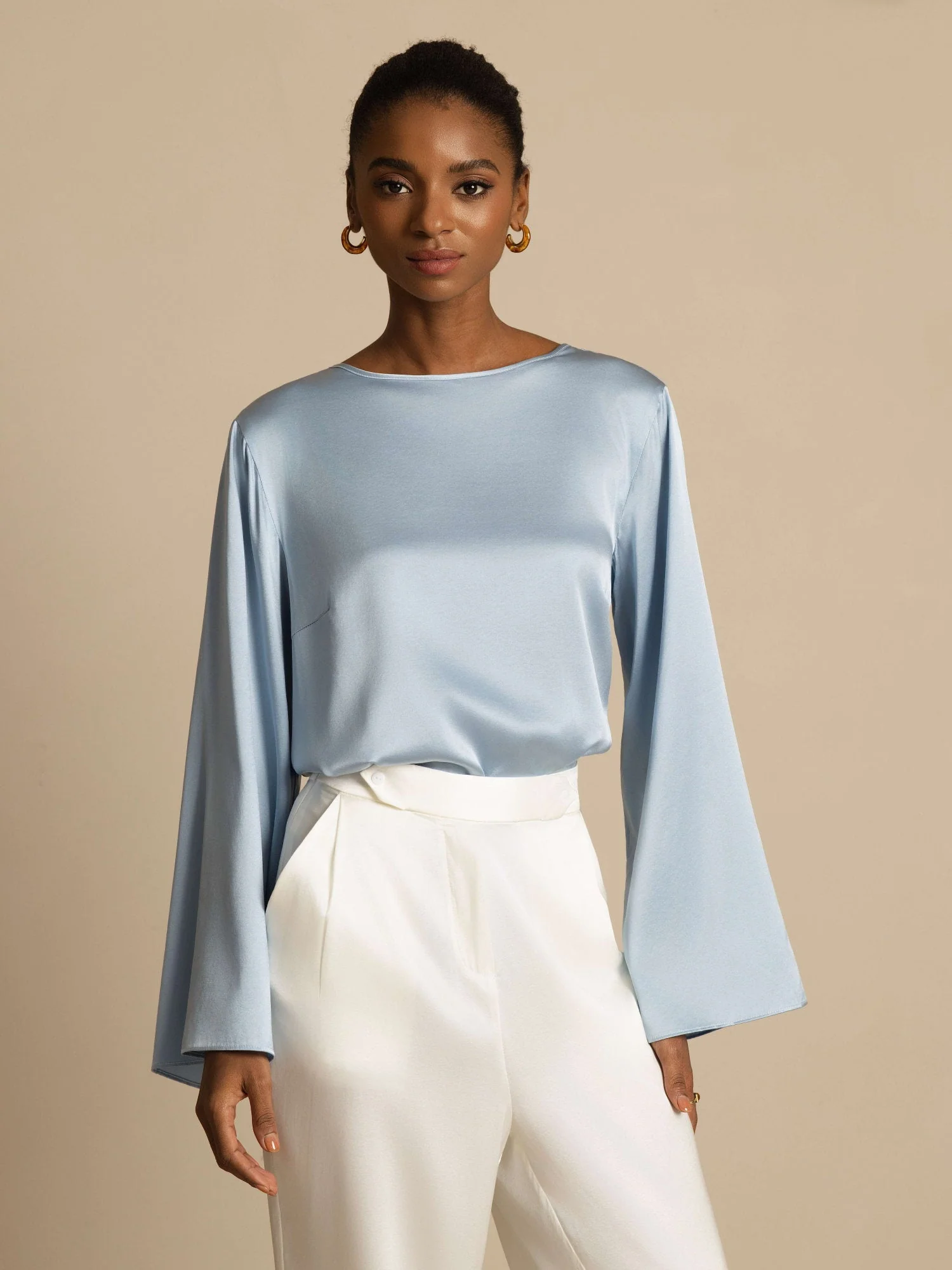19Momme Silk Bell Sleeve Boat Neck Women's Top - Image 50