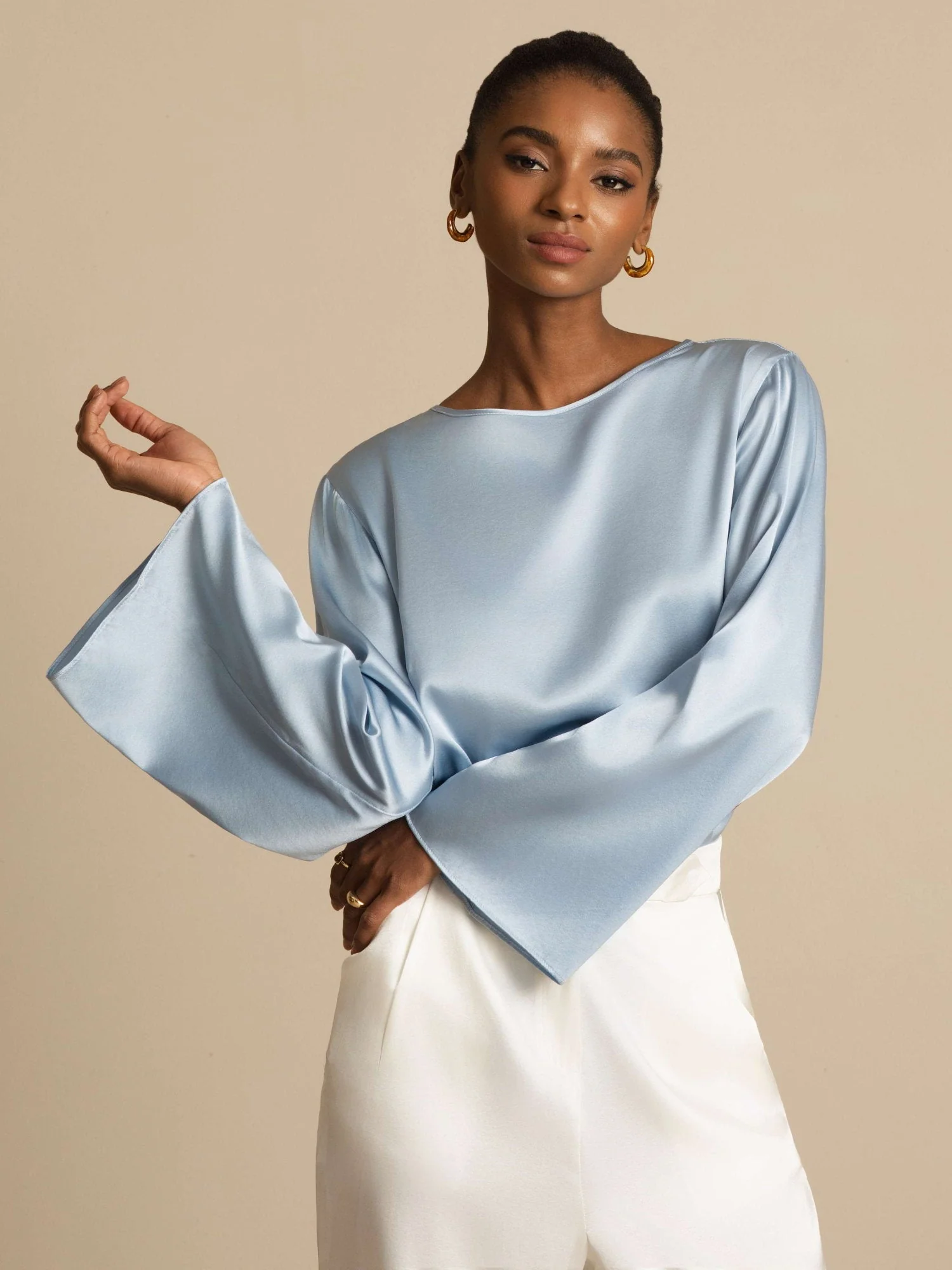 19Momme Silk Bell Sleeve Boat Neck Women's Top - Image 51