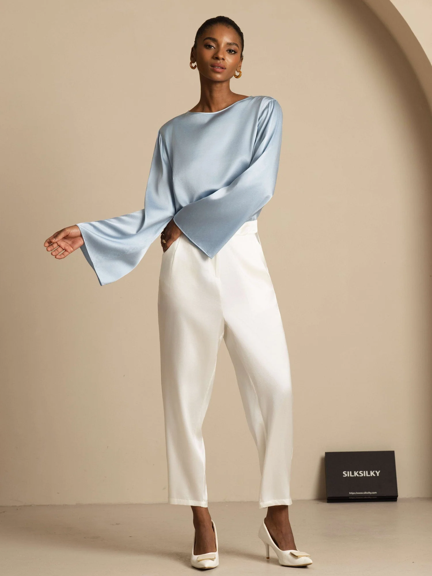 19Momme Silk Bell Sleeve Boat Neck Women's Top - Image 52