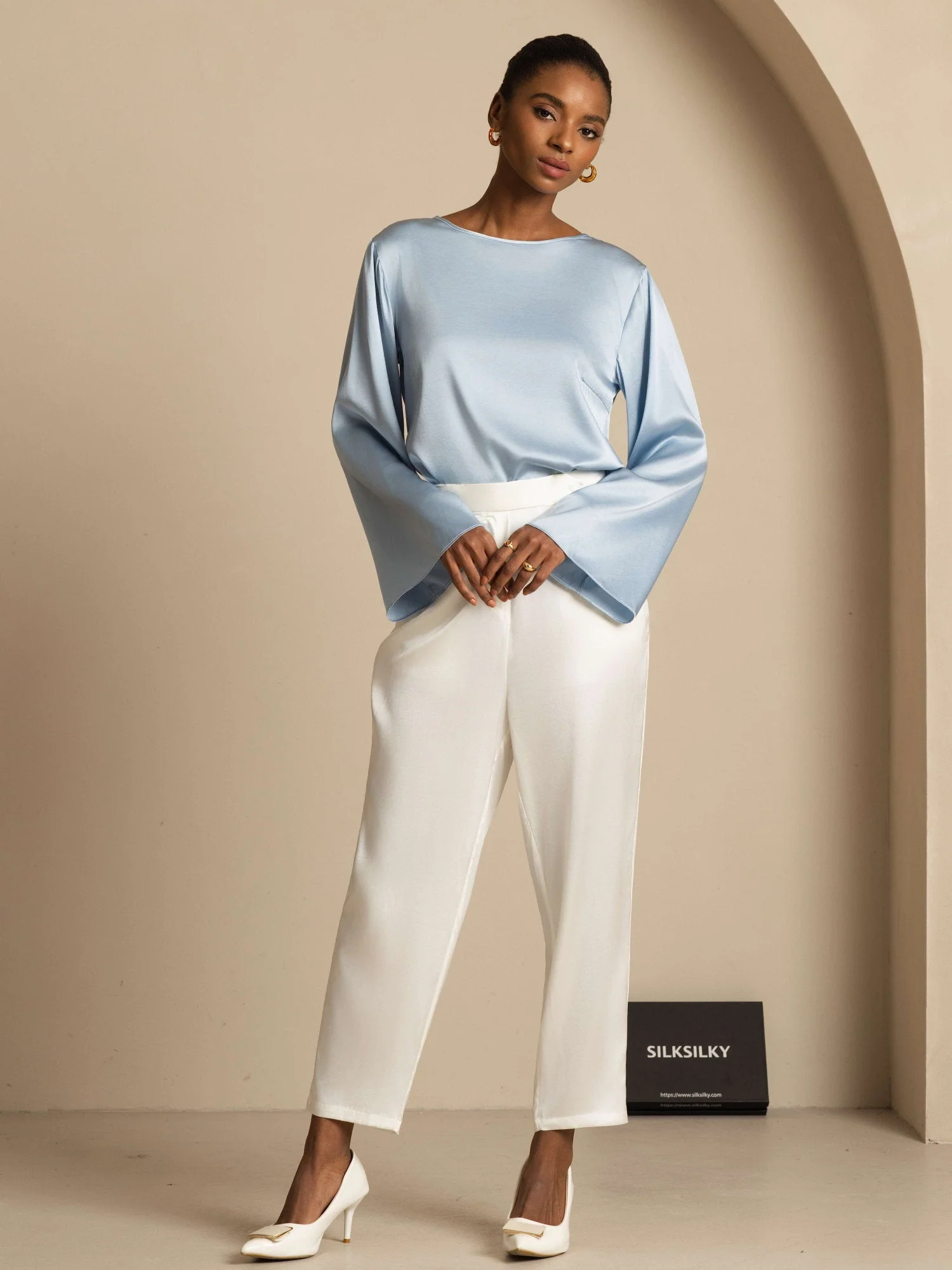 19Momme Silk Bell Sleeve Boat Neck Women's Top - Image 53