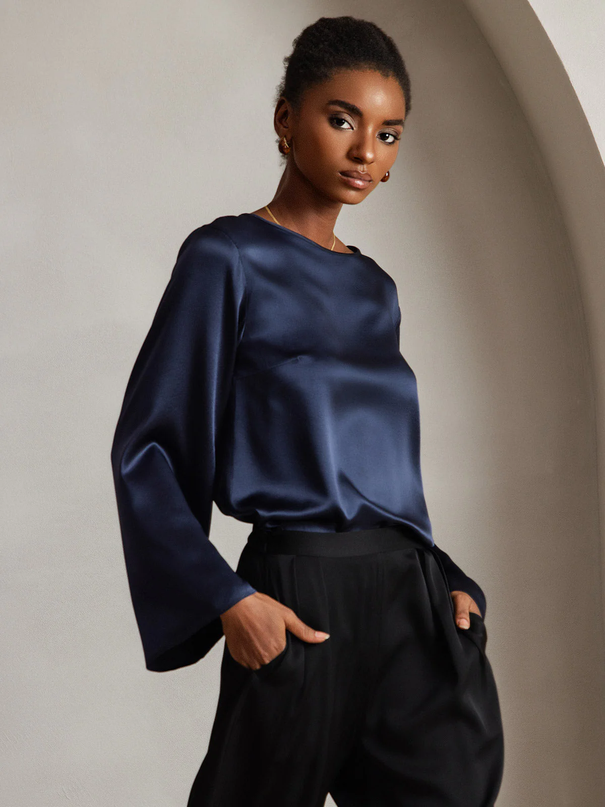 19Momme Silk Bell Sleeve Boat Neck Women's Top - Image 9
