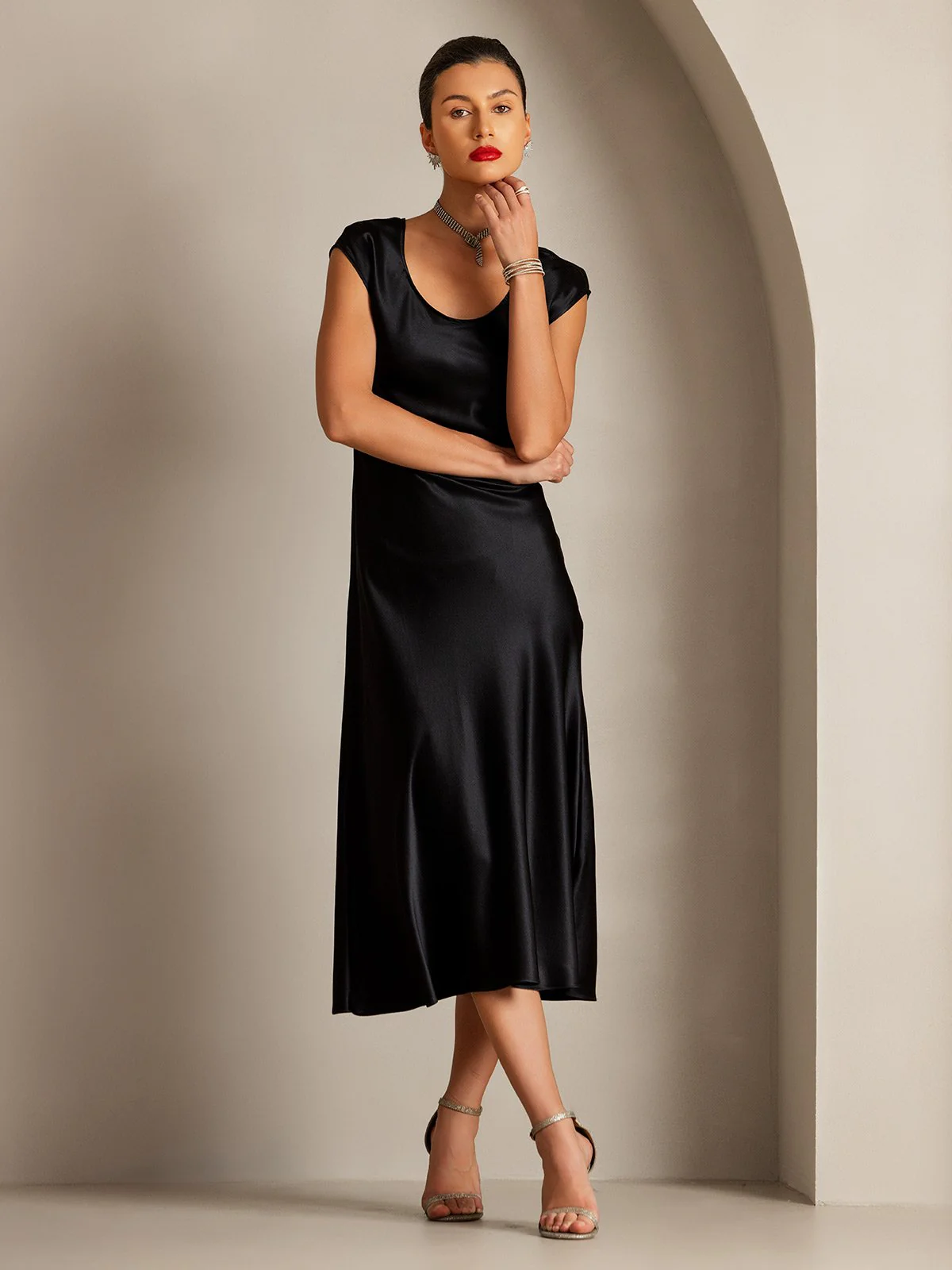 19Momme Silk Cap Sleeve Round Neck Midi Dress - Image 11