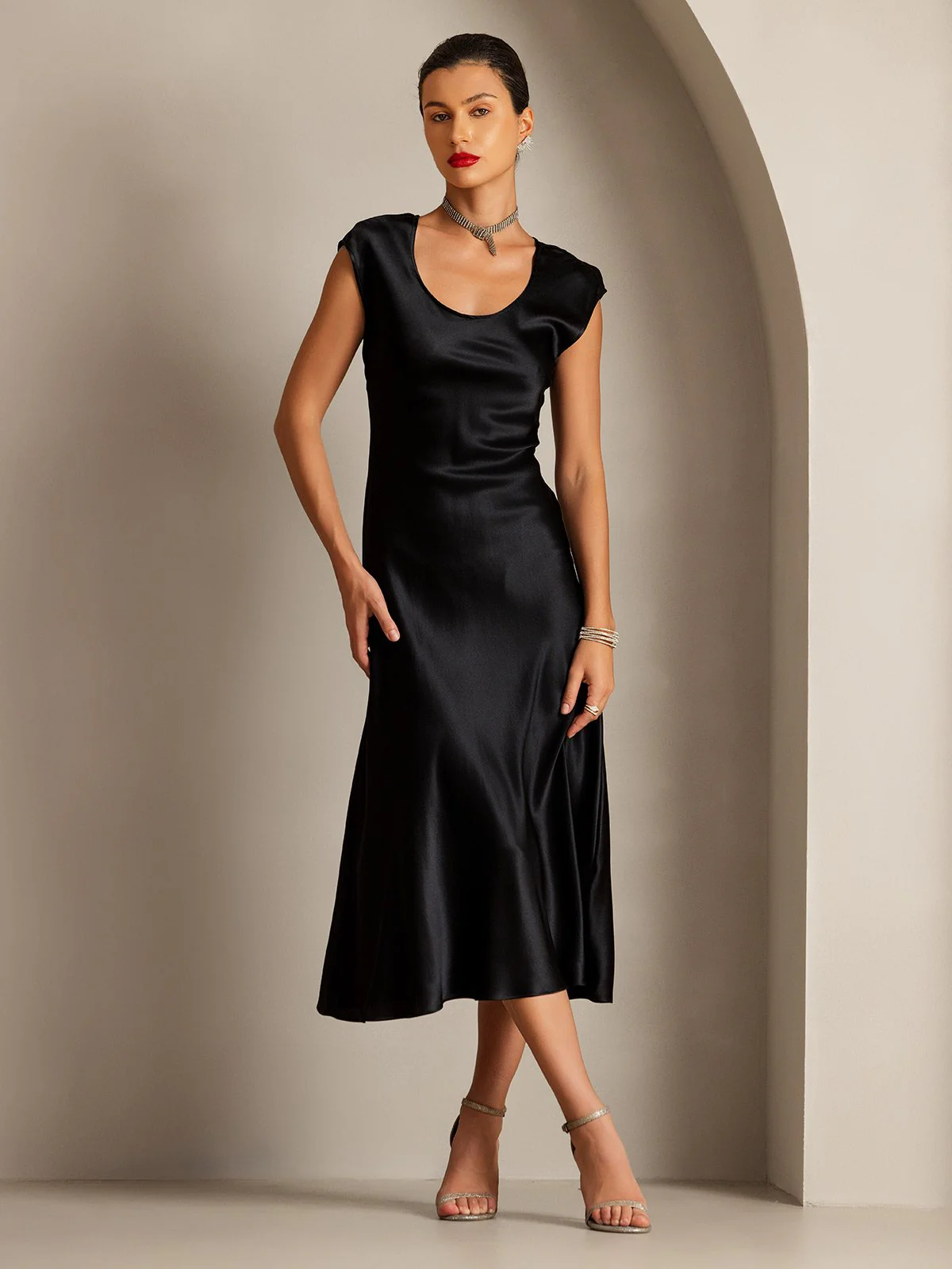 19Momme Silk Cap Sleeve Round Neck Midi Dress - Image 12