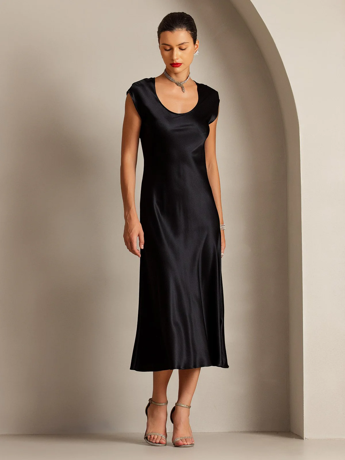 19Momme Silk Cap Sleeve Round Neck Midi Dress - Image 14