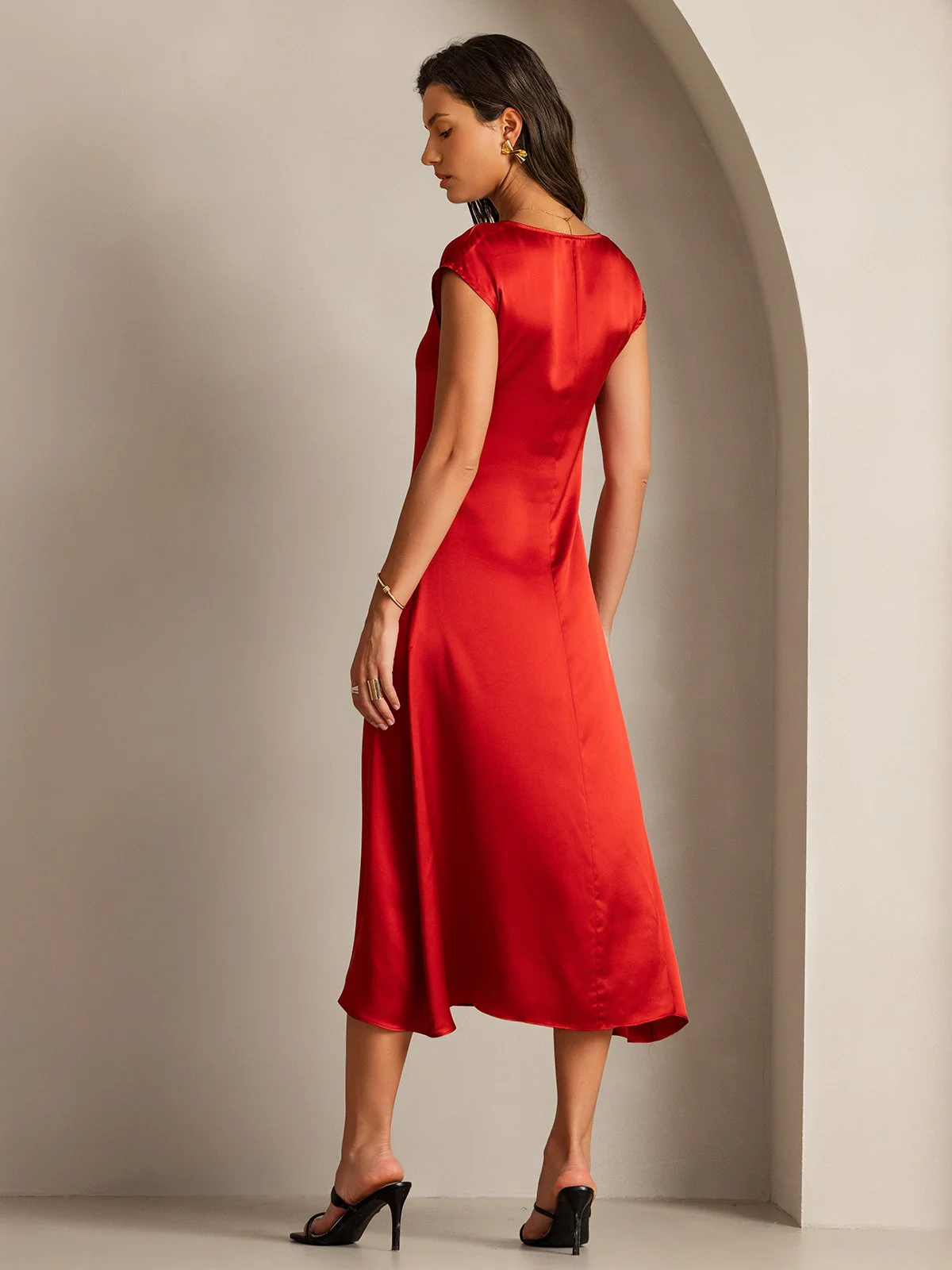 19Momme Silk Cap Sleeve Round Neck Midi Dress - Image 16