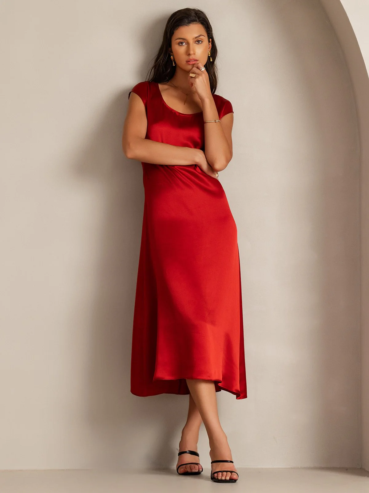 19Momme Silk Cap Sleeve Round Neck Midi Dress - Image 17