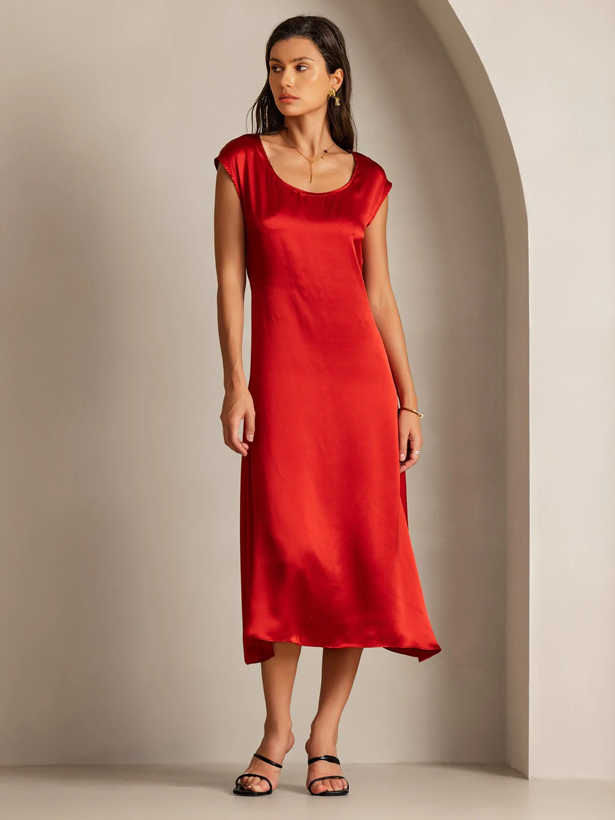 19Momme Silk Cap Sleeve Round Neck Midi Dress - Image 19