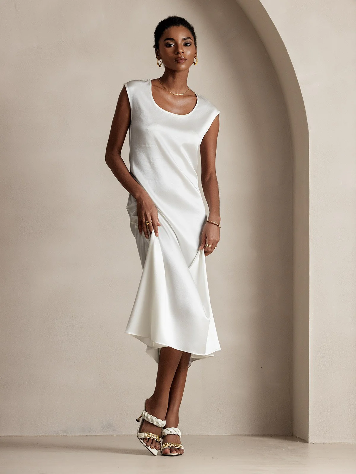 19Momme Silk Cap Sleeve Round Neck Midi Dress - Image 20