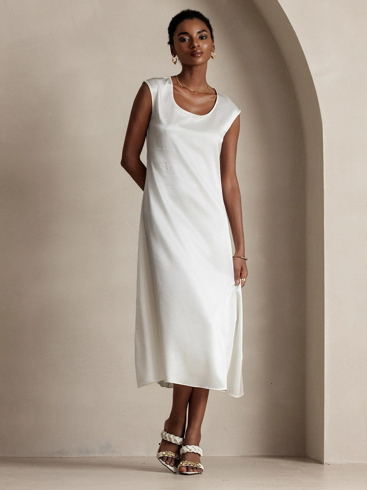 19Momme Silk Cap Sleeve Round Neck Midi Dress - Image 22