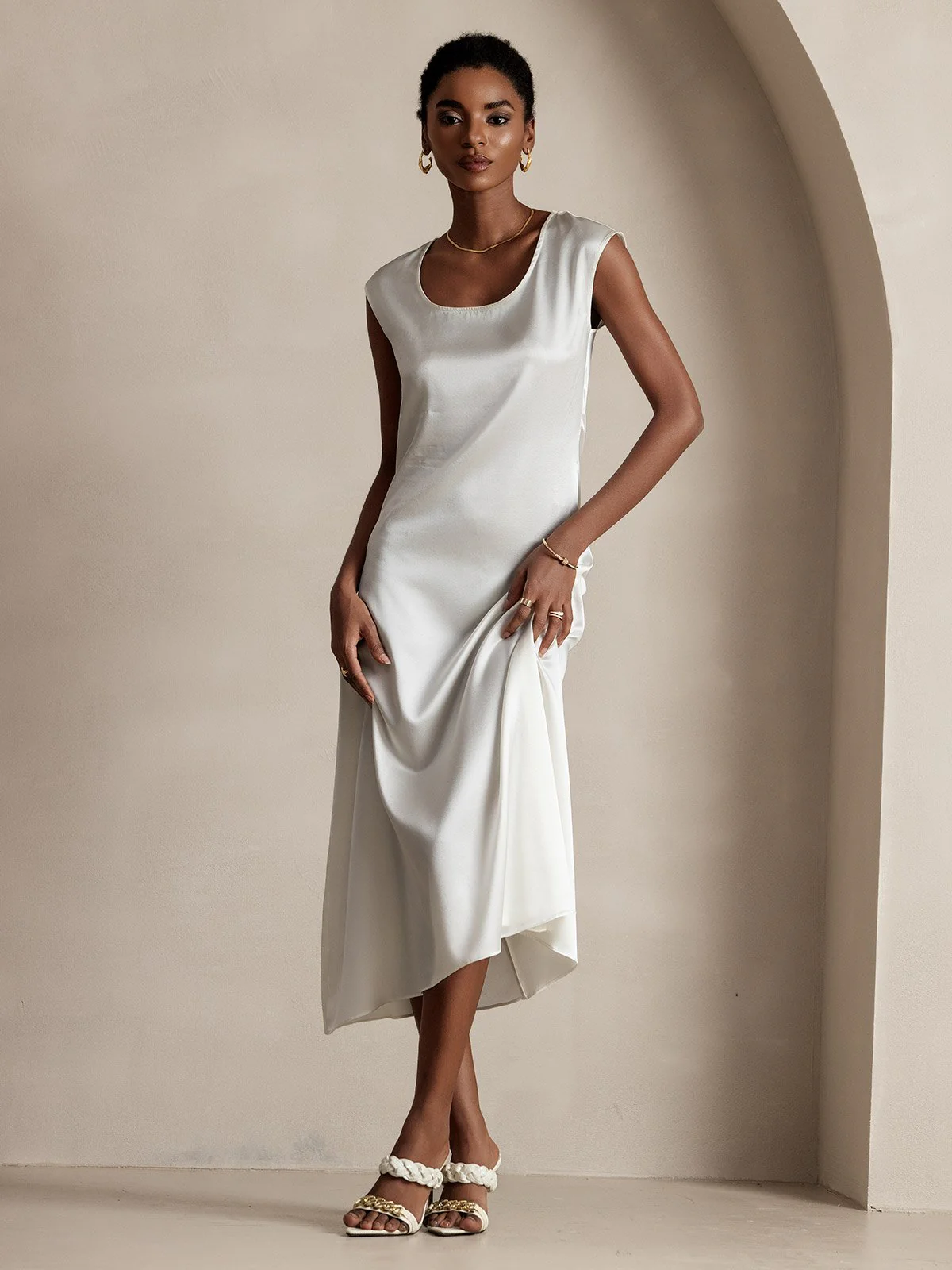 19Momme Silk Cap Sleeve Round Neck Midi Dress - Image 24