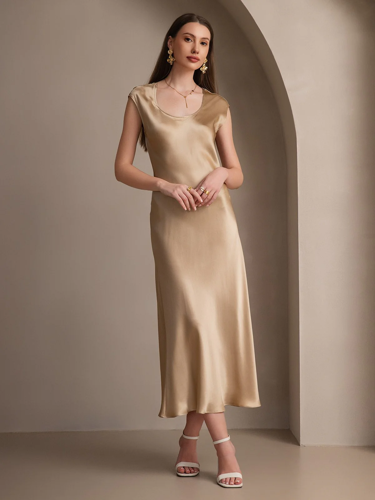 19Momme Silk Cap Sleeve Round Neck Midi Dress - Image 26