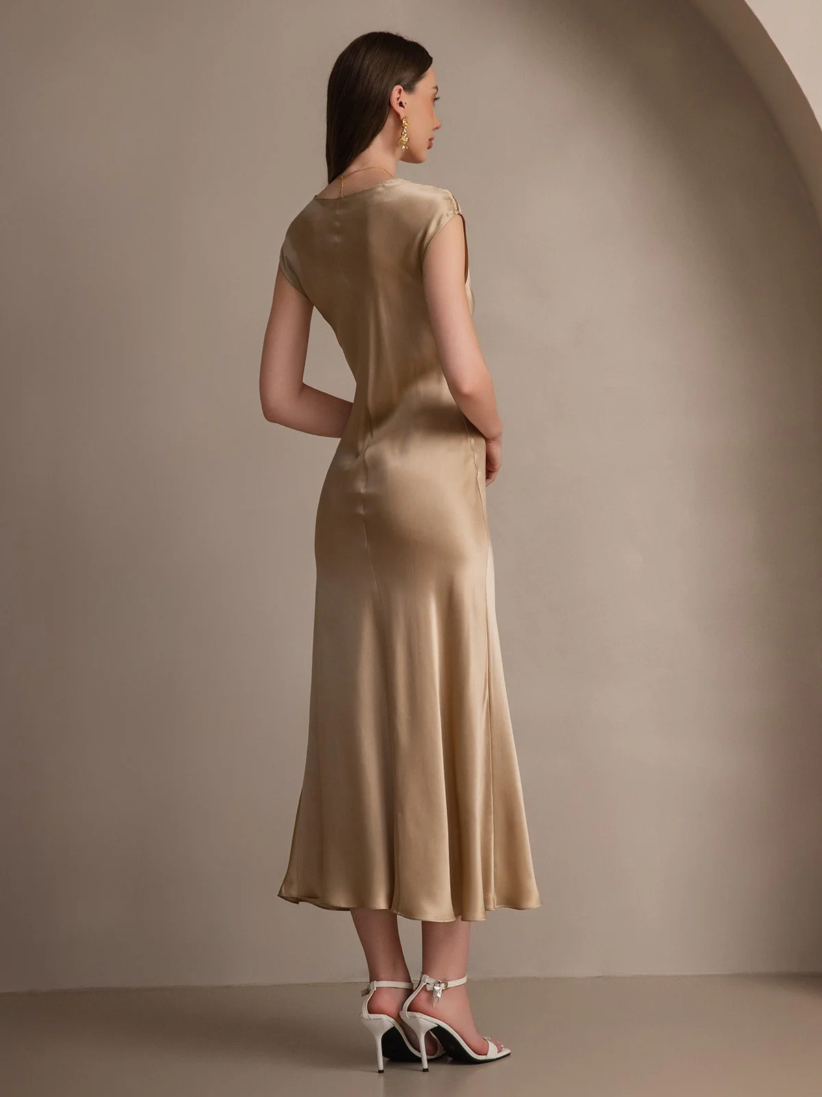 19Momme Silk Cap Sleeve Round Neck Midi Dress - Image 27