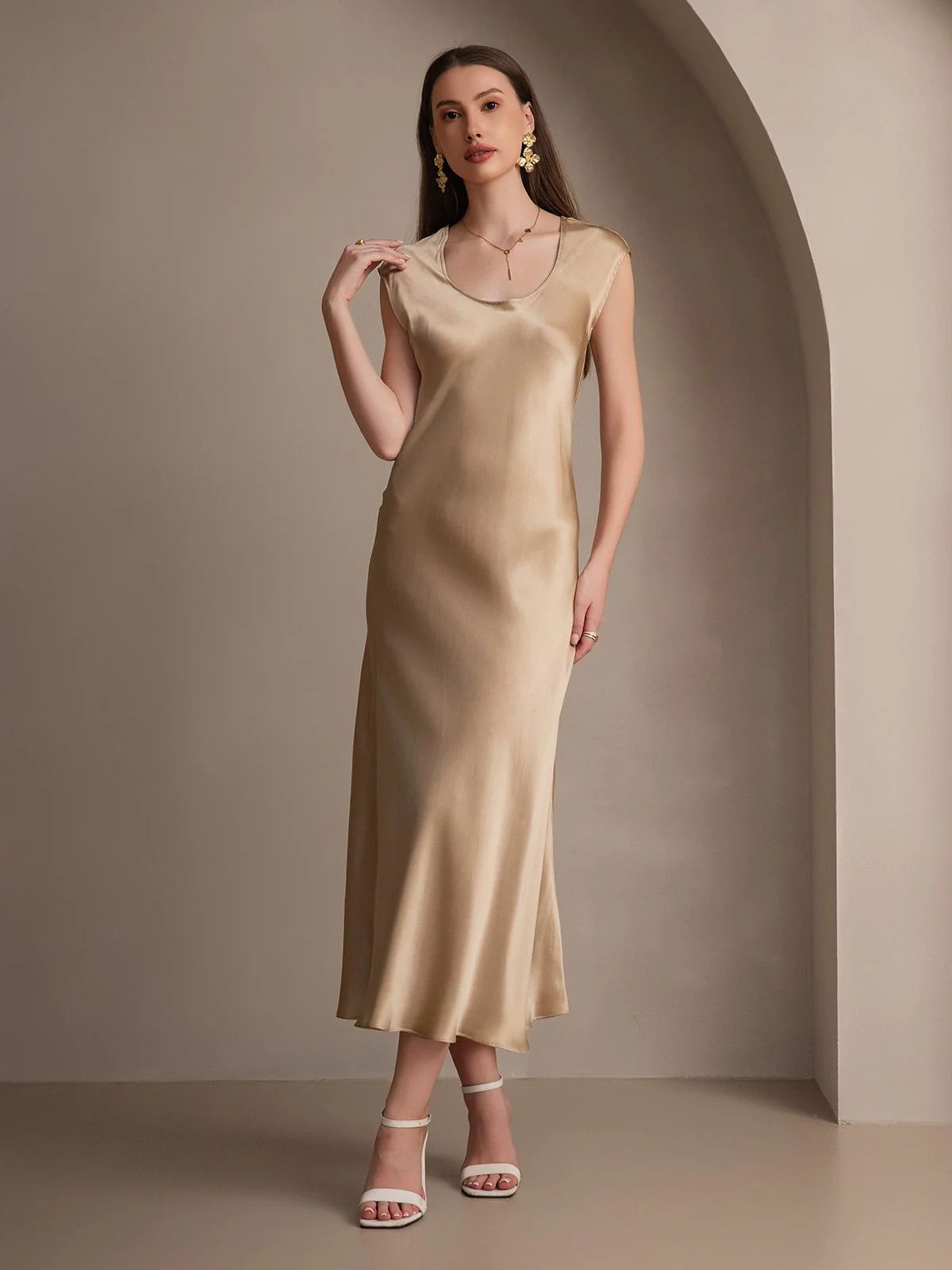19Momme Silk Cap Sleeve Round Neck Midi Dress - Image 28
