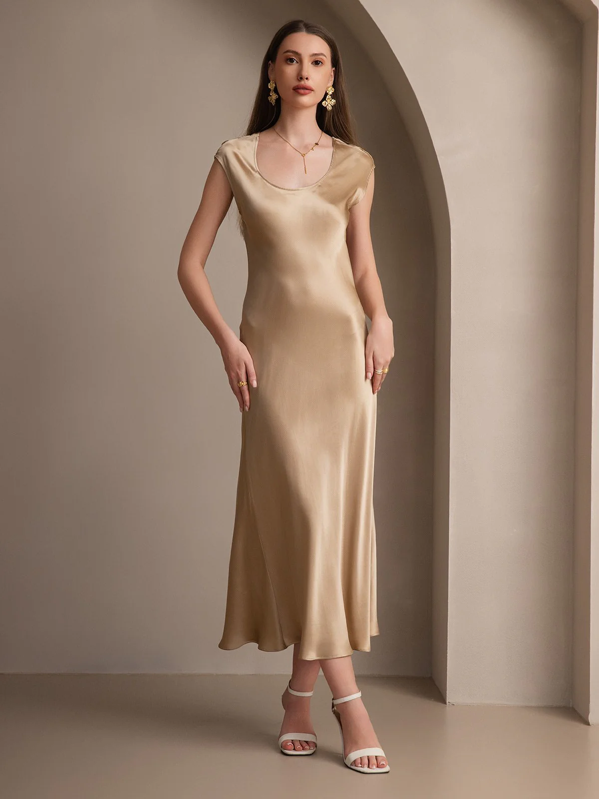19Momme Silk Cap Sleeve Round Neck Midi Dress - Image 29