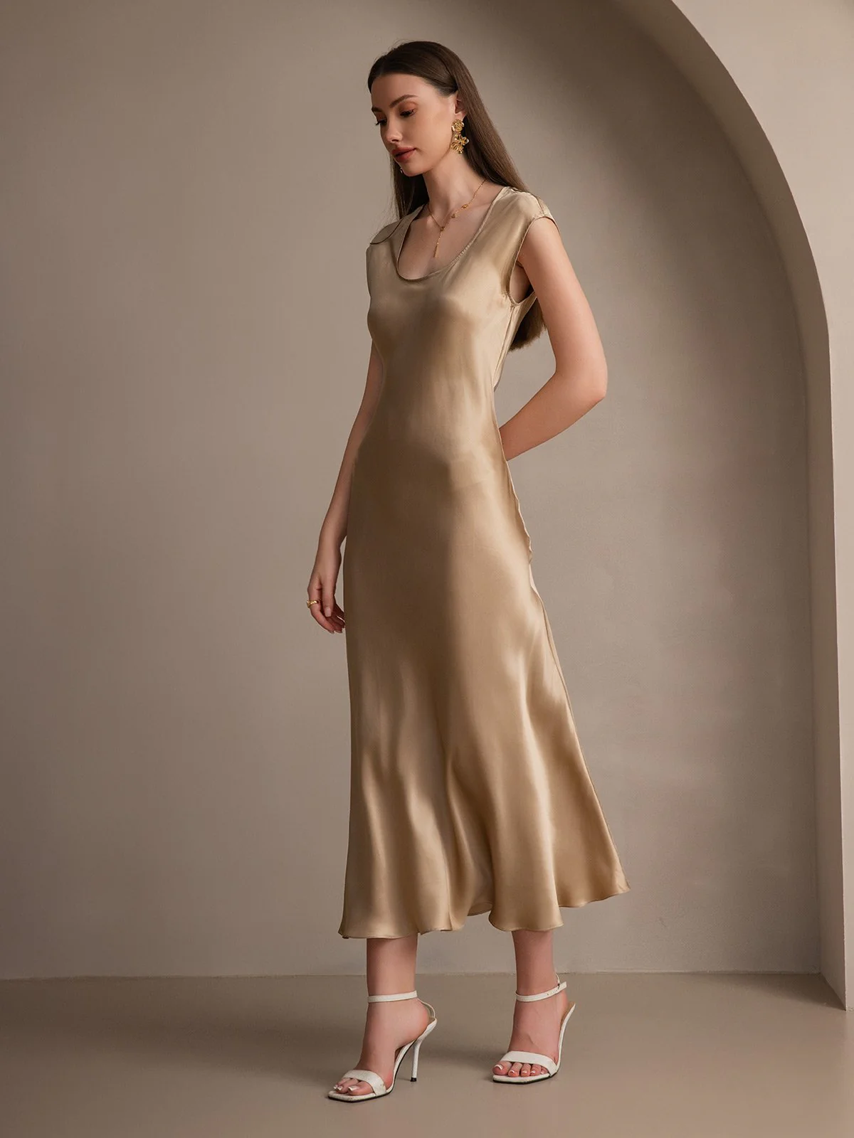 19Momme Silk Cap Sleeve Round Neck Midi Dress - Image 30