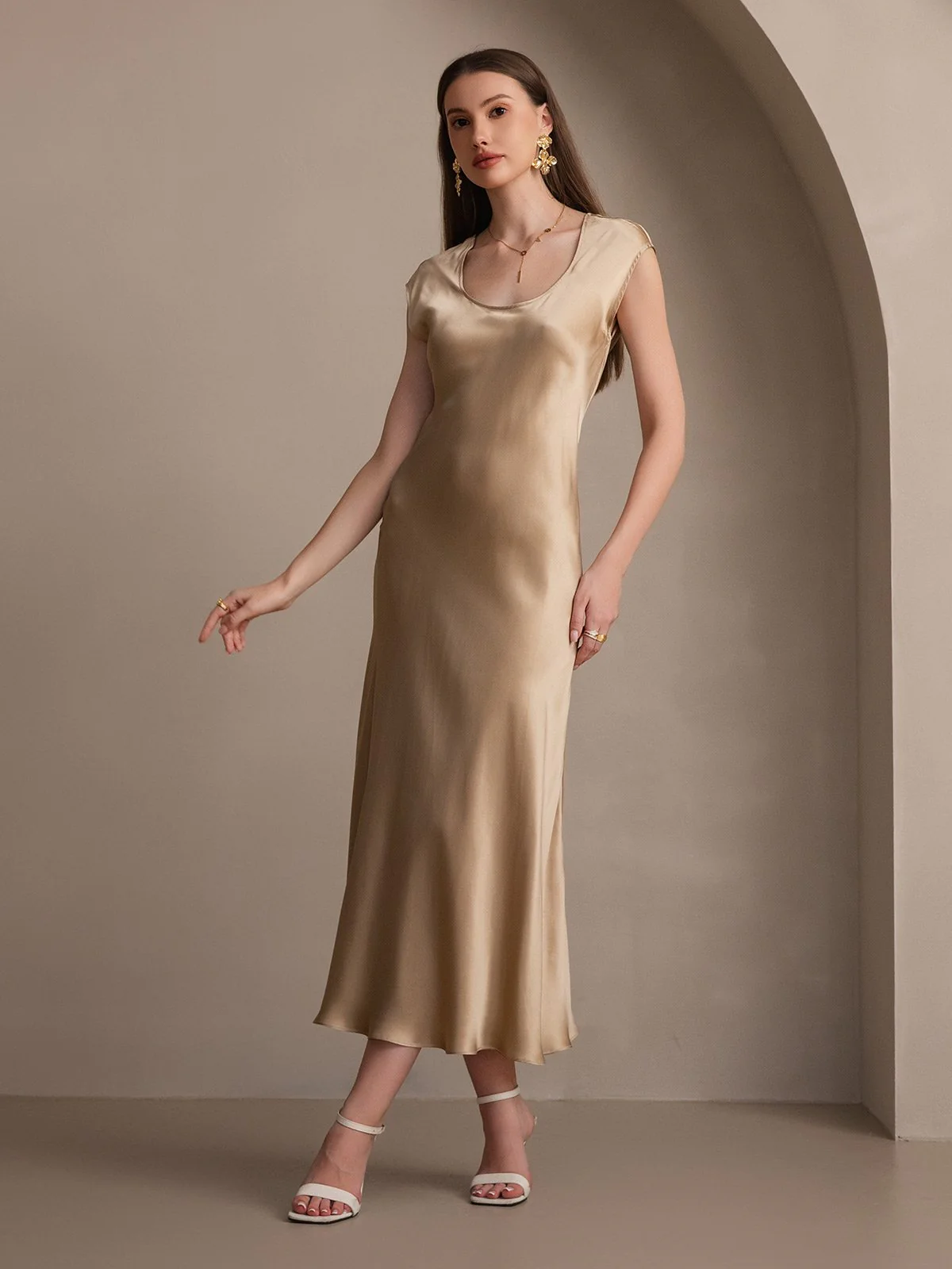 19Momme Silk Cap Sleeve Round Neck Midi Dress - Image 31