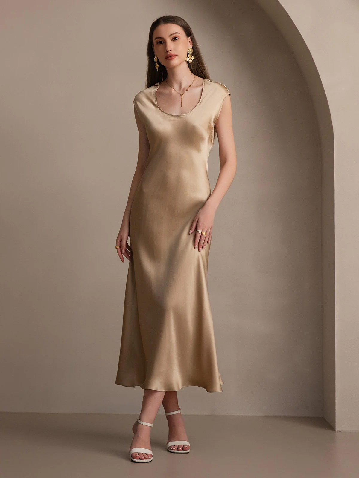 19Momme Silk Cap Sleeve Round Neck Midi Dress - Image 32