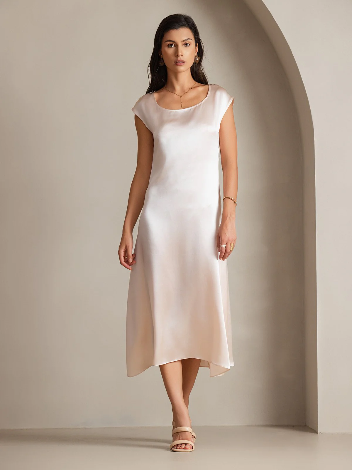 19Momme Silk Cap Sleeve Round Neck Midi Dress - Image 33