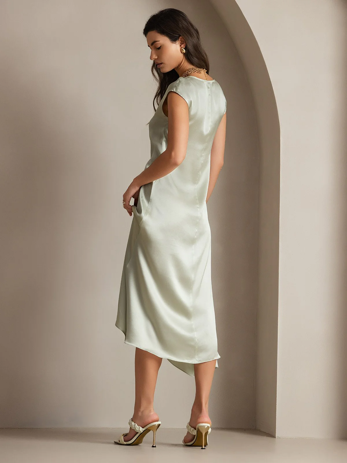 19Momme Silk Cap Sleeve Round Neck Midi Dress - Image 38