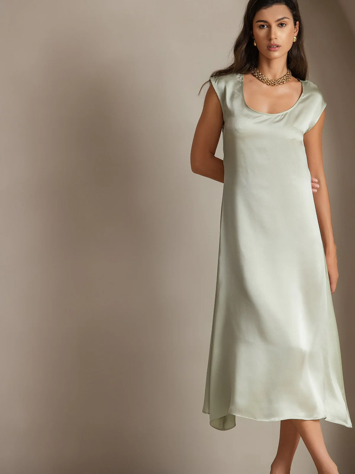 19Momme Silk Cap Sleeve Round Neck Midi Dress - Image 39