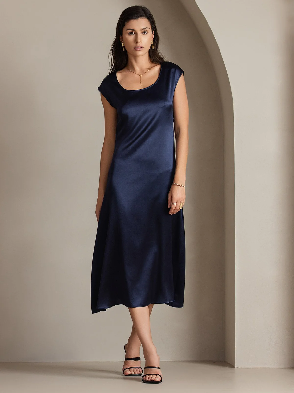 19Momme Silk Cap Sleeve Round Neck Midi Dress - Image 44